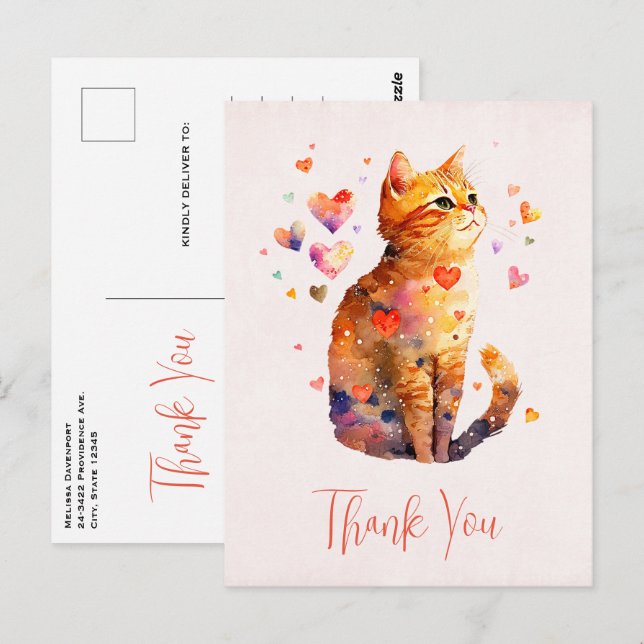 Postal Gato de Cute Tabby con el corazón Gracias (Anverso / Reverso)