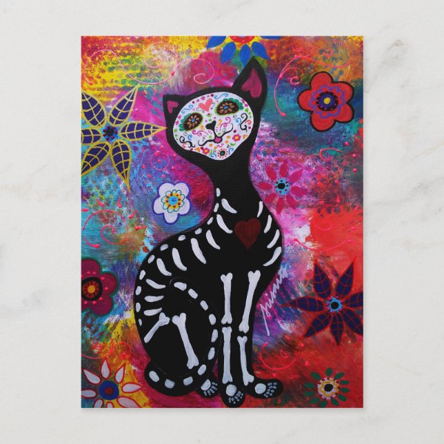 Postal Gato de Dia de los Muertos Meow por Prisarts (Anverso)