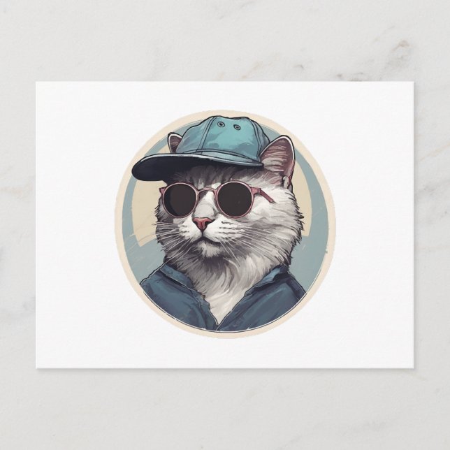 Postal Gato de Dibujos Animados con Gafas de Sol (Anverso)