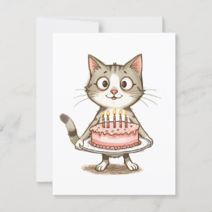 Postal Gato de dibujos animados con pastel de cumpleaños