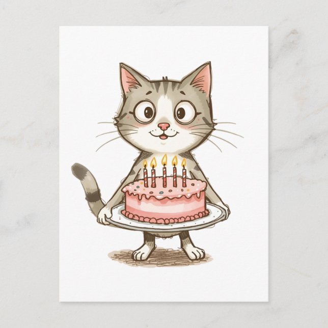 Postal Gato de dibujos animados con pastel de cumpleaños (Anverso)