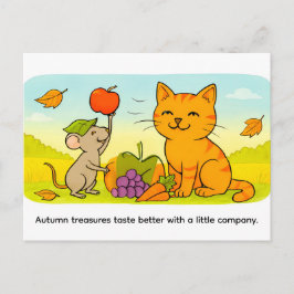 Postal Gato de dibujos animados lindo con ratón y globo c