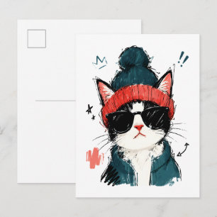 Postal Gato de esmoquin genial con gorro y gafas de sol