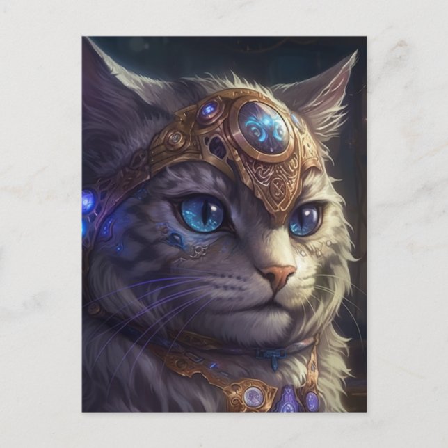Postal Gato de fantasía en armas azules y doradas (Anverso)