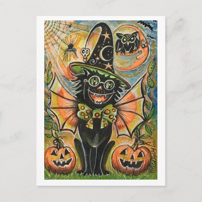 Postal Gato de fiesta de Halloween (Anverso)