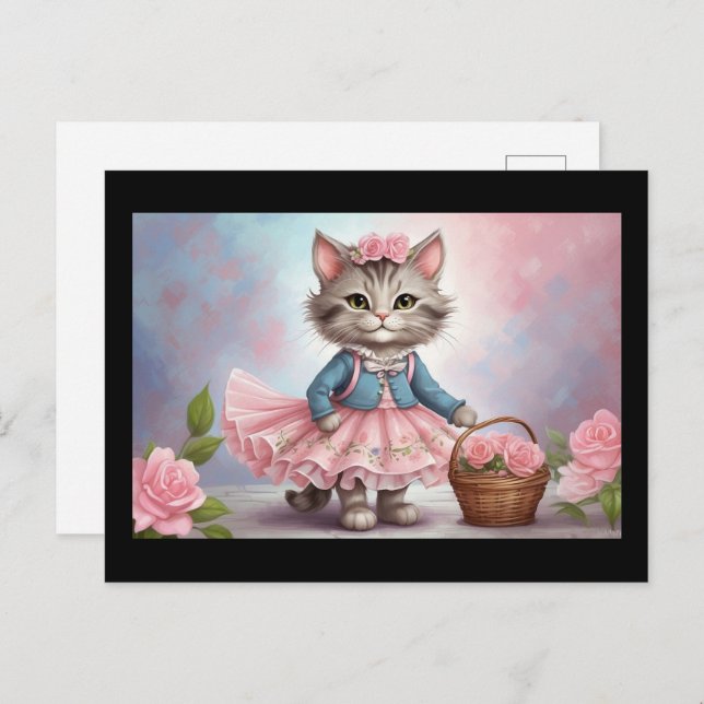Postal Gato de flores rosadas vestido con cesta de flores (Anverso / Reverso)