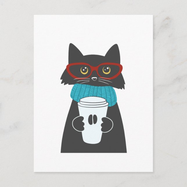 Postal Gato de gafas sosteniendo una taza de café (Anverso)
