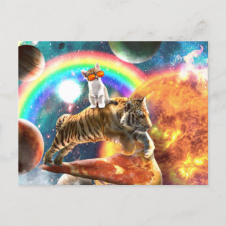 Postal Gato de galaxia espacial montando tigre en pizza