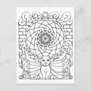 Postal Gato de hadas y ventana de Rosa