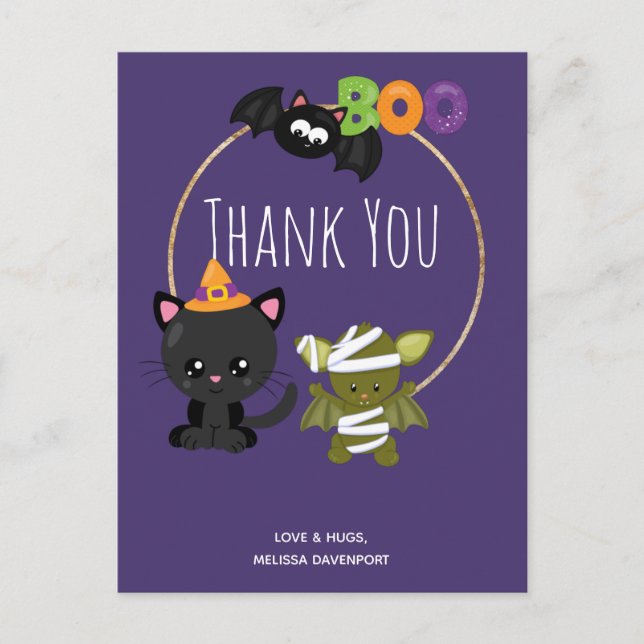 Postal Gato de Halloween, Bat y Mummy Boo Gracias (Anverso)