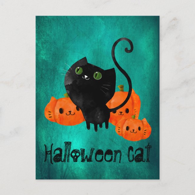 Postal Gato de Halloween con calabazas (Anverso)