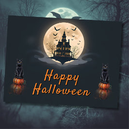 Postal Gato de Halloween en Mansión bajo la Luz de la Lun