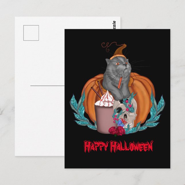 Postal Gato de Halloween Feliz Halloween (Anverso / Reverso)