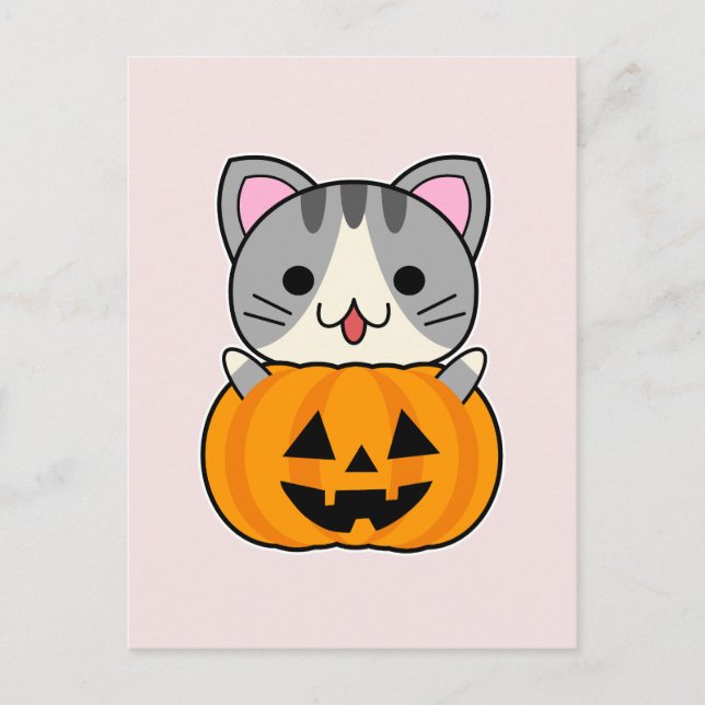 Postal Gato de Halloween lindo en Jack o Lantern (Anverso)