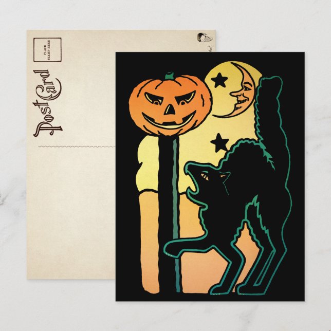 Postal Gato de Halloween retro (Anverso / Reverso)
