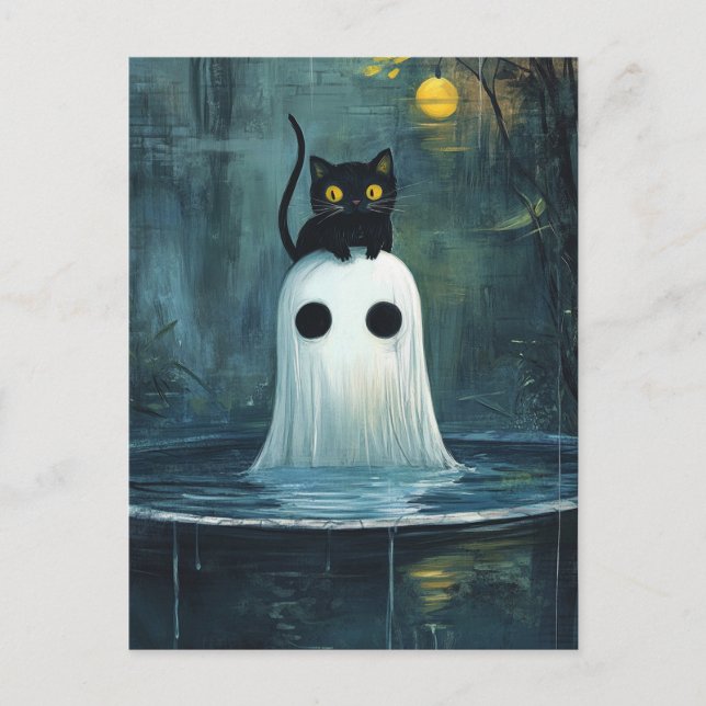 Postal Gato de Halloween y fantasma en el grupo (Anverso)