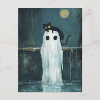 Postal Gato de Halloween y fantasma en el grupo