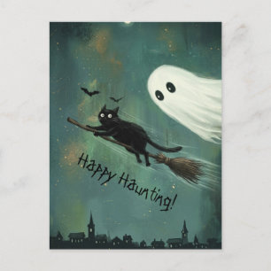 Postal Gato de Halloween y fantasma que asusta
