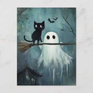 Postal Gato de Halloween y fantasma vuelan en la sala