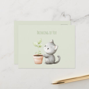 Postal Gato de jardín con planta Pensando en ti