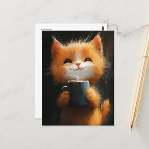 Postal Gato de jengibre adorable con café