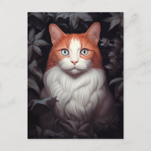 Postal Gato de jengibre blanco bonito entre hojas