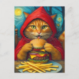 Postal Gato de jengibre con hamburguesa de queso y bolas