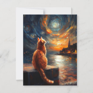 Postal Gato de jengibre contemplante   Starry Night Sky