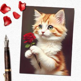 Postal Gato de jengibre de tabby lindo con una rosa roja