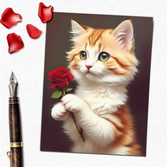 Postal Gato de jengibre de tabby lindo con una rosa roja (Subido por el creador)