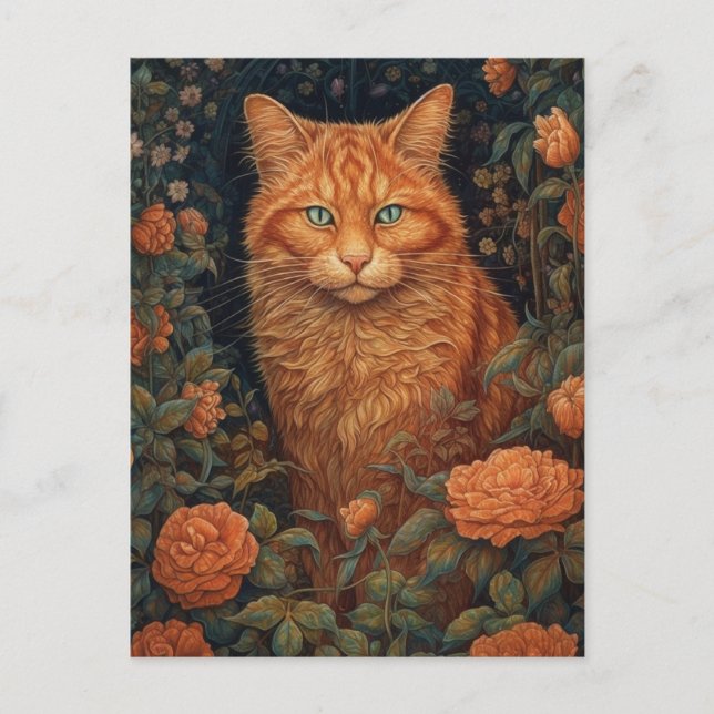 Postal Gato de jengibre en las flores (Anverso)