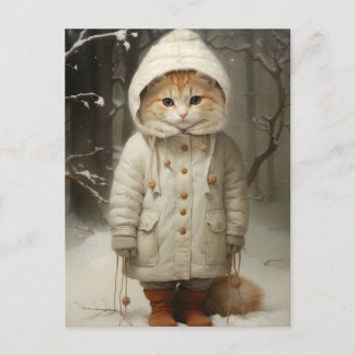 Postal Gato de jengibre lindo y gracioso en nieve