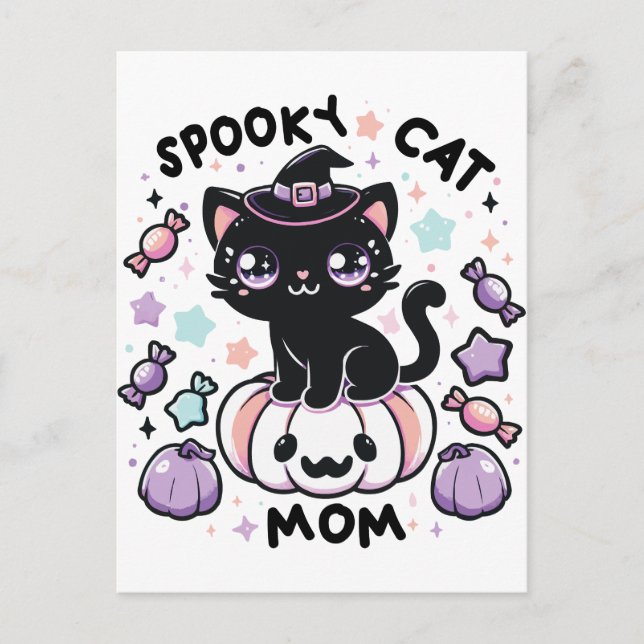 Postal Gato de Kawaii Halloween - Gatito de bruja suave e (Anverso)