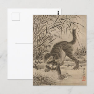 Postal Gato de Kawanabe Kyosai atrapando una rana de arte