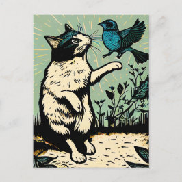 Postal Gato de Linocut intentando atrapar un pájaro
