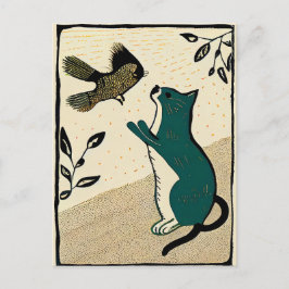Postal Gato de Linocut intentando atrapar un pájaro