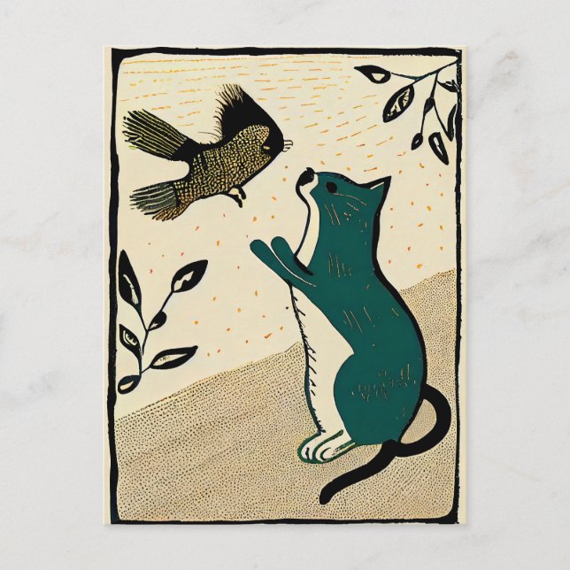 Postal Gato de Linocut intentando atrapar un pájaro (Anverso)