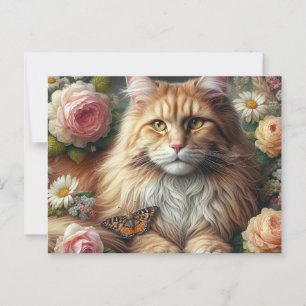Postal Gato de Maine victoriano con rosas rosas rosas