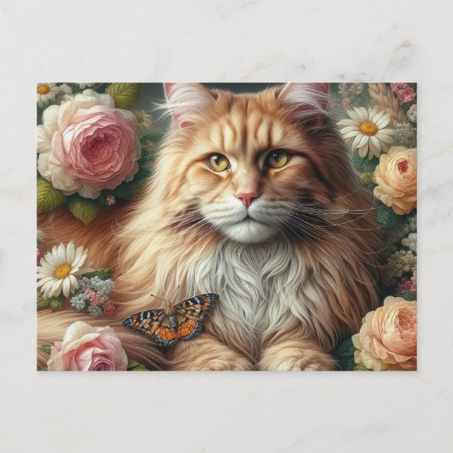 Postal Gato de Maine victoriano con rosas rosas rosas (Anverso)