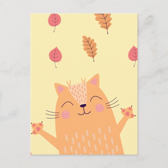 Postal Gato de Naranja de jengibre lindo jugando en hojas (Anverso)