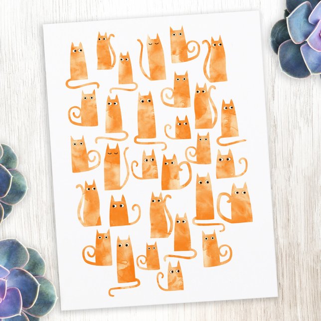 Postal Gato de Naranja divertido (Orange ginger cat fun watercolor art postcard)