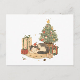 Postal Gato de Navidad acogedor con regalos y árbol de Na