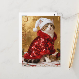 Postal Gato de Navidad Adorable con Traje de Santa Tarjet
