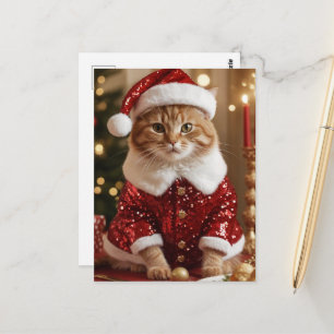 Postal Gato de Navidad Adorable con Traje de Santa Tarjet
