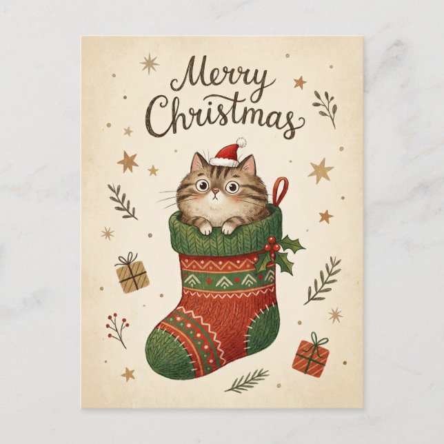 Postal Gato de Navidad en Calcetín (Anverso)