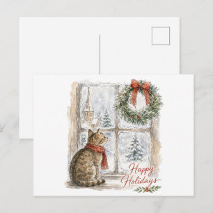 Postal Gato de Navidad en la ventana con guirnalda
