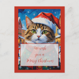 Postal Gato de Navidad festivo con sombrero de Santa