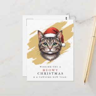 Postal Gato de Navidad moderno y lindo con sombrero de Sa