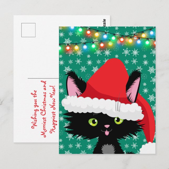 Postal Gato de navidades con copos de nieve y luces de Sa (Anverso / Reverso)