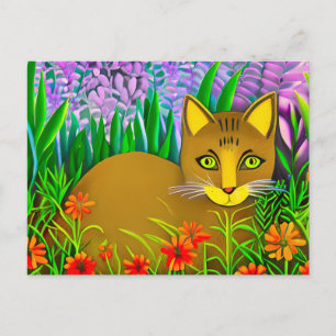 Postal Gato de ojos verdes en un jardín de flores 